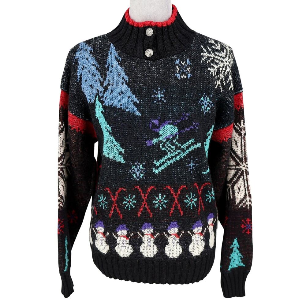 REI Sweater Womens Large Black Blue Wool Ski Mock Neck Winter Holiday Vintage